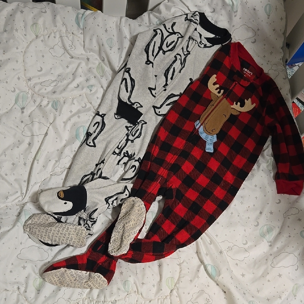 Carter's Red and Black Plaid Moose Footie